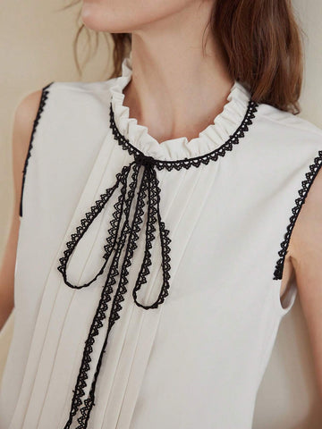 MOTF PREMIUM CONTRAST LACE TRIM TIE NECK FRILL MOCK NECK FOLD PLEATED BLOUSE MOTF PREMIUM CONTRAST LACE TRIM TIE NECK FRILL MOCK NECK FOLD PLEATED BLOUSE