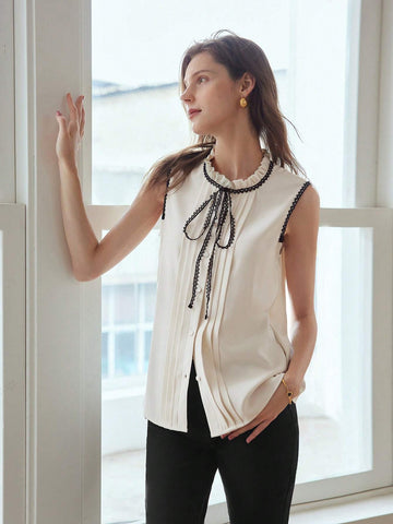 MOTF PREMIUM CONTRAST LACE TRIM TIE NECK FRILL MOCK NECK FOLD PLEATED BLOUSE MOTF PREMIUM CONTRAST LACE TRIM TIE NECK FRILL MOCK NECK FOLD PLEATED BLOUSE