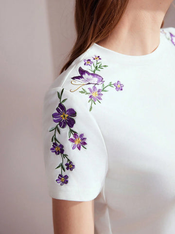 MOTF PREMIUM EMBROIDERY BUTTERFLY AND FLORAL PATTERN TEE MOTF PREMIUM EMBROIDERY BUTTERFLY AND FLORAL PATTERN TEE