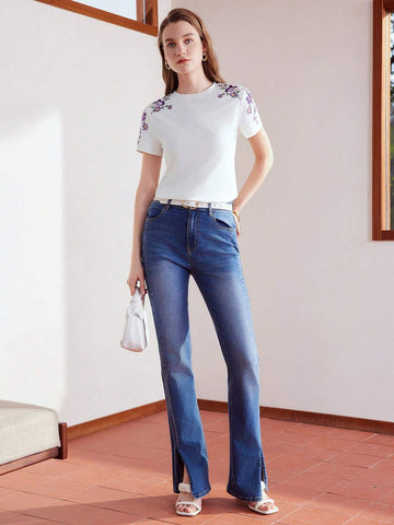 MOTF PREMIUM EMBROIDERY BUTTERFLY AND FLORAL PATTERN TEE MOTF PREMIUM EMBROIDERY BUTTERFLY AND FLORAL PATTERN TEE