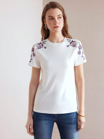 MOTF PREMIUM EMBROIDERY BUTTERFLY AND FLORAL PATTERN TEE MOTF PREMIUM EMBROIDERY BUTTERFLY AND FLORAL PATTERN TEE