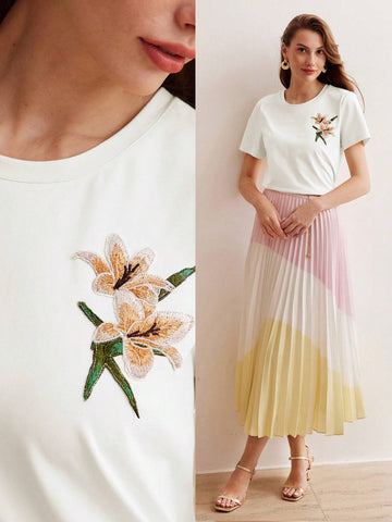 MOTF PREMIUM EMBROIDERY FLORAL PATTERN SHORT SLEEVE TEE MOTF PREMIUM EMBROIDERY FLORAL PATTERN SHORT SLEEVE TEE