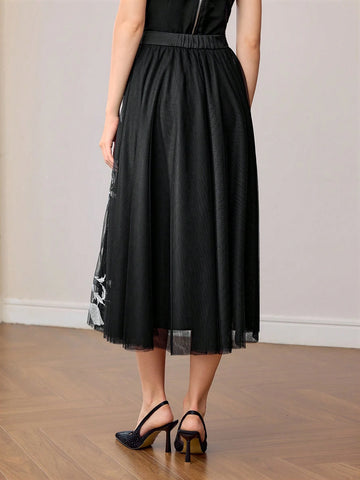 MOTF PREMIUM EMBROIDERY MESH FLARE SKIRT WITHOUT BELT MOTF PREMIUM EMBROIDERY MESH FLARE SKIRT WITHOUT BELT