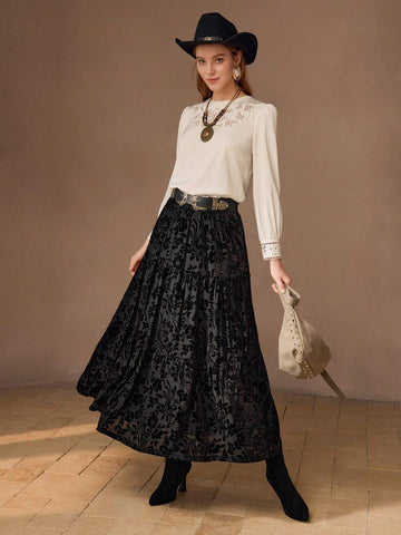 MOTF PREMIUM FLORAL MESH OVERLAY TIERED HEM SKIRT MOTF PREMIUM FLORAL MESH OVERLAY TIERED HEM SKIRT