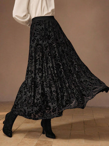 MOTF PREMIUM FLORAL MESH OVERLAY TIERED HEM SKIRT MOTF PREMIUM FLORAL MESH OVERLAY TIERED HEM SKIRT