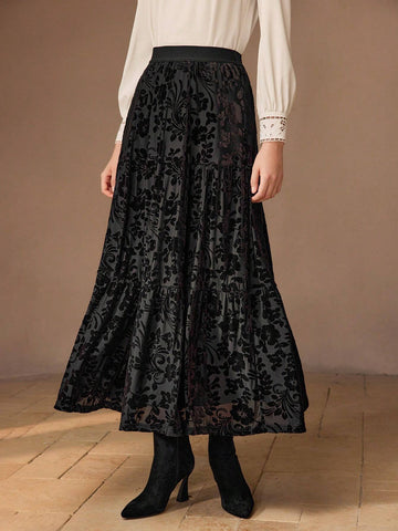 MOTF PREMIUM FLORAL MESH OVERLAY TIERED HEM SKIRT MOTF PREMIUM FLORAL MESH OVERLAY TIERED HEM SKIRT