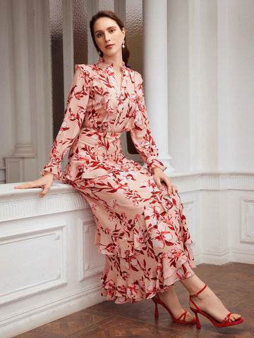 MOTF PREMIUM FLORAL PRINT FLARE SLEEVE RUFFLE TRIM DRESS MOTF PREMIUM FLORAL PRINT FLARE SLEEVE RUFFLE TRIM DRESS