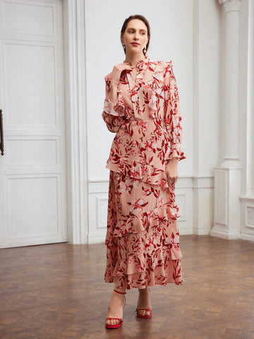 MOTF PREMIUM FLORAL PRINT FLARE SLEEVE RUFFLE TRIM DRESS MOTF PREMIUM FLORAL PRINT FLARE SLEEVE RUFFLE TRIM DRESS