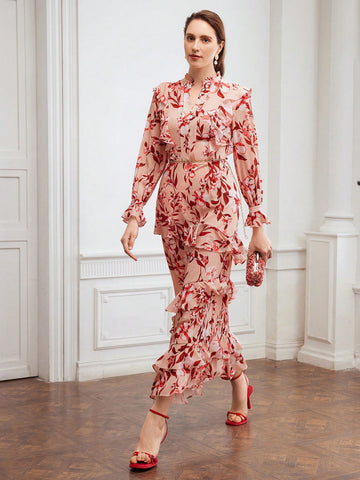 MOTF PREMIUM FLORAL PRINT FLARE SLEEVE RUFFLE TRIM DRESS MOTF PREMIUM FLORAL PRINT FLARE SLEEVE RUFFLE TRIM DRESS