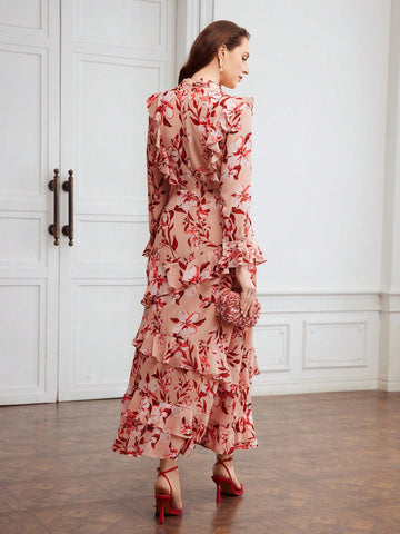 MOTF PREMIUM FLORAL PRINT FLARE SLEEVE RUFFLE TRIM DRESS MOTF PREMIUM FLORAL PRINT FLARE SLEEVE RUFFLE TRIM DRESS