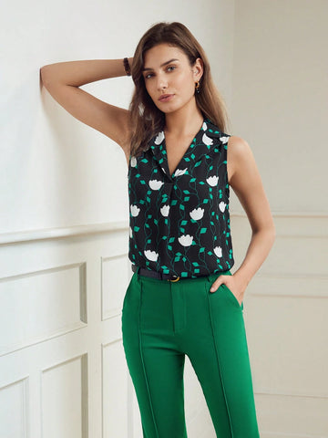 MOTF PREMIUM FLORAL PRINT LAPEL COLLAR SLEEVELESS BLOUSE MOTF PREMIUM FLORAL PRINT LAPEL COLLAR SLEEVELESS BLOUSE