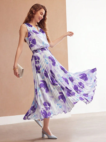 MOTF PREMIUM FLORAL PRINT V-NECK SLEEVELESS PLEATED DRESS MOTF PREMIUM FLORAL PRINT V-NECK SLEEVELESS PLEATED DRESS