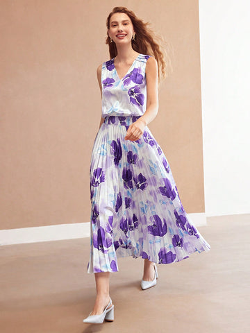 MOTF PREMIUM FLORAL PRINT V-NECK SLEEVELESS PLEATED DRESS MOTF PREMIUM FLORAL PRINT V-NECK SLEEVELESS PLEATED DRESS