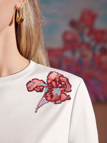 MOTF PREMIUM FLOWER PRINTED PATCHWORK SEQUINED SHORT SLEEVE T-SHIRT MOTF PREMIUM FLOWER PRINTED PATCHWORK SEQUINED SHORT SLEEVE T-SHIRT