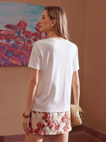 MOTF PREMIUM FLOWER PRINTED PATCHWORK SEQUINED SHORT SLEEVE T-SHIRT MOTF PREMIUM FLOWER PRINTED PATCHWORK SEQUINED SHORT SLEEVE T-SHIRT