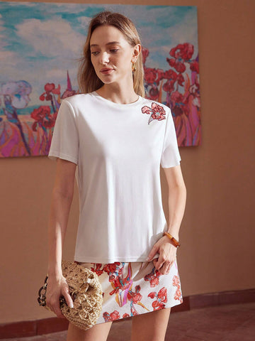 MOTF PREMIUM FLOWER PRINTED PATCHWORK SEQUINED SHORT SLEEVE T-SHIRT MOTF PREMIUM FLOWER PRINTED PATCHWORK SEQUINED SHORT SLEEVE T-SHIRT