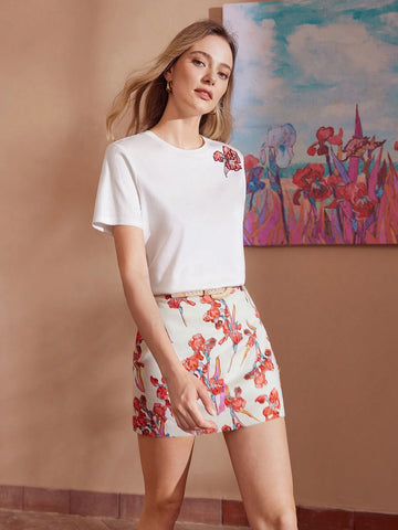 MOTF PREMIUM FLOWER PRINTED PATCHWORK SEQUINED SHORT SLEEVE T-SHIRT MOTF PREMIUM FLOWER PRINTED PATCHWORK SEQUINED SHORT SLEEVE T-SHIRT