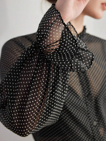 MOTF PREMIUM POLKA DOT FRILL MOCK NECK FLARE SLEEVE SEMI-SHEER BLOUSE MOTF PREMIUM POLKA DOT FRILL MOCK NECK FLARE SLEEVE SEMI-SHEER BLOUSE