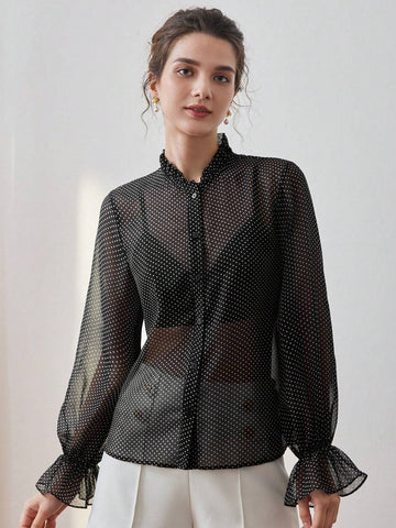 MOTF PREMIUM POLKA DOT FRILL MOCK NECK FLARE SLEEVE SEMI-SHEER BLOUSE MOTF PREMIUM POLKA DOT FRILL MOCK NECK FLARE SLEEVE SEMI-SHEER BLOUSE