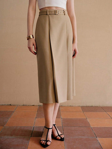 MOTF PREMIUM SOLID BUCKLE BELTED FOLD PLEATED SKIRT MOTF PREMIUM SOLID BUCKLE BELTED FOLD PLEATED SKIRT