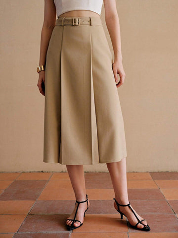 MOTF PREMIUM SOLID BUCKLE BELTED FOLD PLEATED SKIRT MOTF PREMIUM SOLID BUCKLE BELTED FOLD PLEATED SKIRT