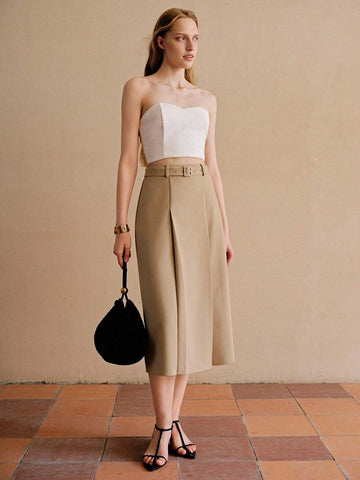 MOTF PREMIUM SOLID BUCKLE BELTED FOLD PLEATED SKIRT MOTF PREMIUM SOLID BUCKLE BELTED FOLD PLEATED SKIRT