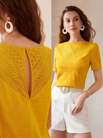 MOTF PREMIUM SOLID KEYHOLE LACE BACK SHORT SLEEVE TEE MOTF PREMIUM SOLID KEYHOLE LACE BACK SHORT SLEEVE TEE