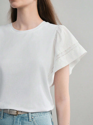 MOTF PREMIUM SOLID LACE INSERT FLUTTER SLEEVE TEE MOTF PREMIUM SOLID LACE INSERT FLUTTER SLEEVE TEE