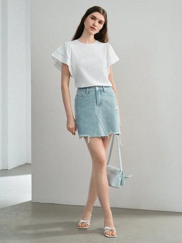 MOTF PREMIUM SOLID LACE INSERT FLUTTER SLEEVE TEE MOTF PREMIUM SOLID LACE INSERT FLUTTER SLEEVE TEE