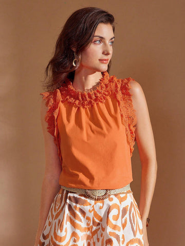 MOTF PREMIUM SOLID LACE RUFFLE TRIM BLOUSE MOTF PREMIUM SOLID LACE RUFFLE TRIM BLOUSE