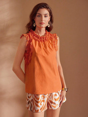 MOTF PREMIUM SOLID LACE RUFFLE TRIM BLOUSE MOTF PREMIUM SOLID LACE RUFFLE TRIM BLOUSE
