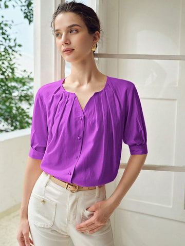 MOTF PREMIUM SOLID NOTCH NECK FOLD PLEATED PUFF SLEEVE BLOUSE MOTF PREMIUM SOLID NOTCH NECK FOLD PLEATED PUFF SLEEVE BLOUSE