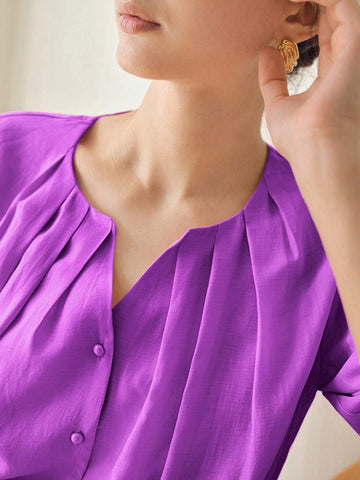 MOTF PREMIUM SOLID NOTCH NECK FOLD PLEATED PUFF SLEEVE BLOUSE MOTF PREMIUM SOLID NOTCH NECK FOLD PLEATED PUFF SLEEVE BLOUSE