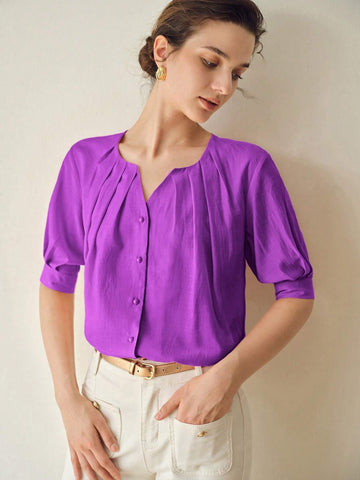 MOTF PREMIUM SOLID NOTCH NECK FOLD PLEATED PUFF SLEEVE BLOUSE MOTF PREMIUM SOLID NOTCH NECK FOLD PLEATED PUFF SLEEVE BLOUSE