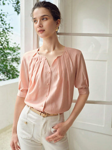 MOTF PREMIUM SOLID NOTCH NECK FOLD PLEATED PUFF SLEEVE BLOUSE MOTF PREMIUM SOLID NOTCH NECK FOLD PLEATED PUFF SLEEVE BLOUSE