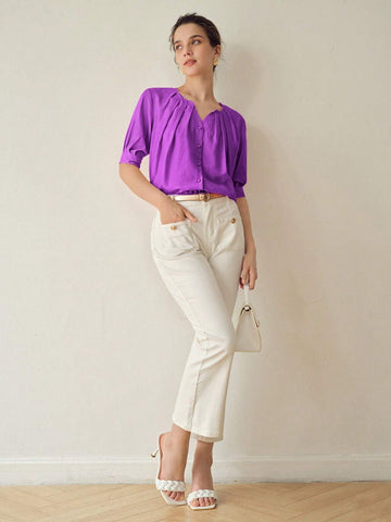 MOTF PREMIUM SOLID NOTCH NECK FOLD PLEATED PUFF SLEEVE BLOUSE MOTF PREMIUM SOLID NOTCH NECK FOLD PLEATED PUFF SLEEVE BLOUSE