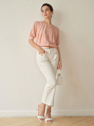 MOTF PREMIUM SOLID NOTCH NECK FOLD PLEATED PUFF SLEEVE BLOUSE MOTF PREMIUM SOLID NOTCH NECK FOLD PLEATED PUFF SLEEVE BLOUSE