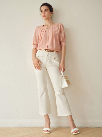 MOTF PREMIUM SOLID NOTCH NECK FOLD PLEATED PUFF SLEEVE BLOUSE MOTF PREMIUM SOLID NOTCH NECK FOLD PLEATED PUFF SLEEVE BLOUSE