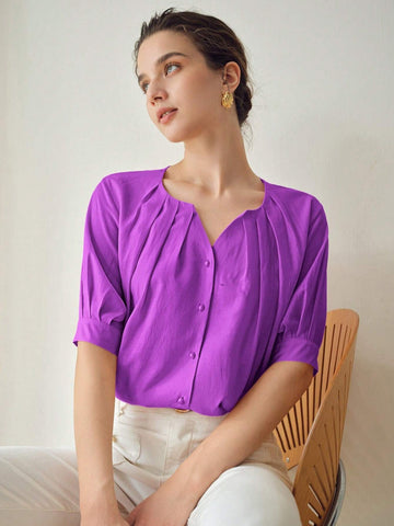 MOTF PREMIUM SOLID NOTCH NECK FOLD PLEATED PUFF SLEEVE BLOUSE MOTF PREMIUM SOLID NOTCH NECK FOLD PLEATED PUFF SLEEVE BLOUSE