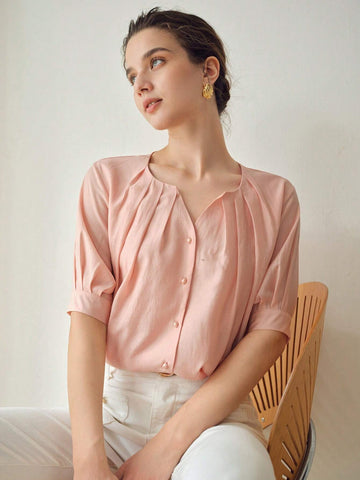 MOTF PREMIUM SOLID NOTCH NECK FOLD PLEATED PUFF SLEEVE BLOUSE MOTF PREMIUM SOLID NOTCH NECK FOLD PLEATED PUFF SLEEVE BLOUSE