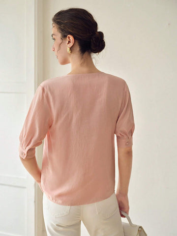 MOTF PREMIUM SOLID NOTCH NECK FOLD PLEATED PUFF SLEEVE BLOUSE MOTF PREMIUM SOLID NOTCH NECK FOLD PLEATED PUFF SLEEVE BLOUSE