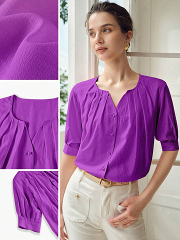 MOTF PREMIUM SOLID NOTCH NECK FOLD PLEATED PUFF SLEEVE BLOUSE MOTF PREMIUM SOLID NOTCH NECK FOLD PLEATED PUFF SLEEVE BLOUSE