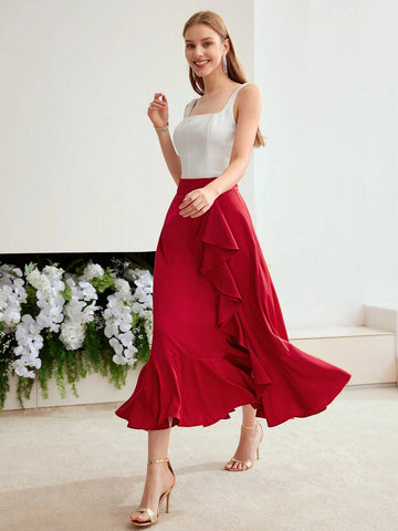 MOTF PREMIUM SOLID RUFFLE TRIM SKIRT MOTF PREMIUM SOLID RUFFLE TRIM SKIRT