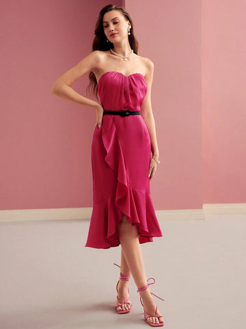 MOTF PREMIUM SOLID RUFFLE WRAP HEM TUBE COCKTAIL DRESS WITH BELT MOTF PREMIUM SOLID RUFFLE WRAP HEM TUBE COCKTAIL DRESS WITH BELT