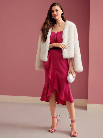 MOTF PREMIUM SOLID RUFFLE WRAP HEM TUBE COCKTAIL DRESS WITH BELT MOTF PREMIUM SOLID RUFFLE WRAP HEM TUBE COCKTAIL DRESS WITH BELT