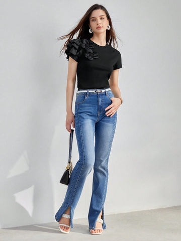 MOTF PREMIUM STEREO FLOWER DETAIL LAYERED SLEEVE TEE MOTF PREMIUM STEREO FLOWER DETAIL LAYERED SLEEVE TEE