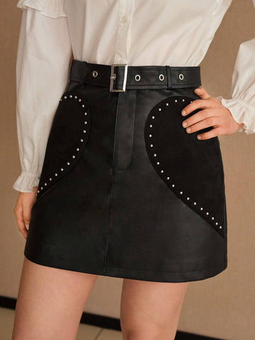 MOTF PREMIUM STUDDED DETAIL HEART PATTERN BUCKLE BELTED STRAIGHT SKIRT MOTF PREMIUM STUDDED DETAIL HEART PATTERN BUCKLE BELTED STRAIGHT SKIRT