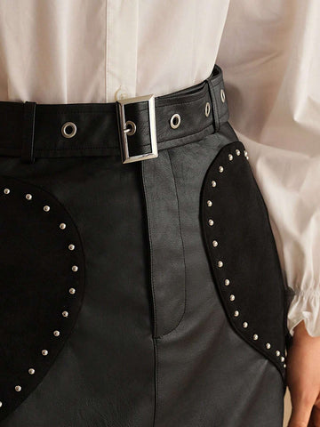 MOTF PREMIUM STUDDED DETAIL HEART PATTERN BUCKLE BELTED STRAIGHT SKIRT MOTF PREMIUM STUDDED DETAIL HEART PATTERN BUCKLE BELTED STRAIGHT SKIRT