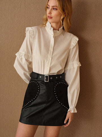 MOTF PREMIUM STUDDED DETAIL HEART PATTERN BUCKLE BELTED STRAIGHT SKIRT MOTF PREMIUM STUDDED DETAIL HEART PATTERN BUCKLE BELTED STRAIGHT SKIRT