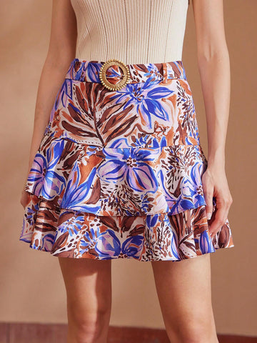 MOTF PREMIUM TROPICAL PRINT BUCKLE BELTED LAYERED RUFFLE HEM SKIRT MOTF PREMIUM TROPICAL PRINT BUCKLE BELTED LAYERED RUFFLE HEM SKIRT